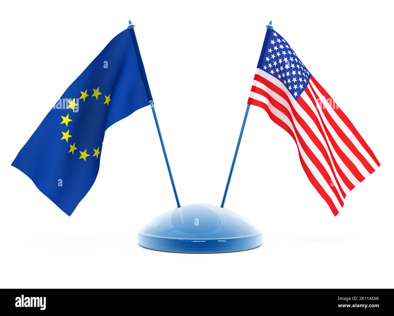 Nationalflaggen der USA und der Europäischen Union isoliert 3D Illustration Stockfoto