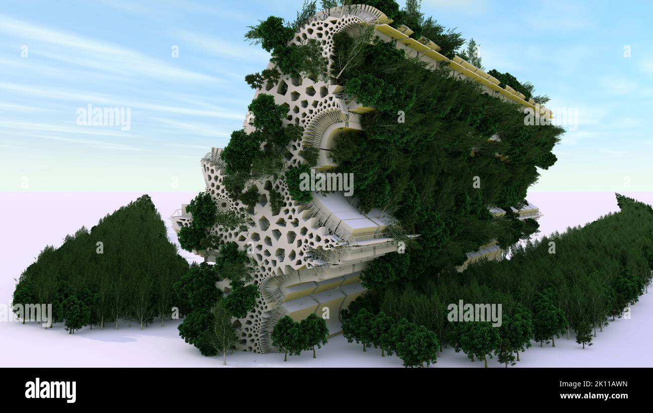 A 3D Illustration einer architektonischen Struktur basierend auf Form und Konturen einer Fledermaus. Optisch dicht und komplex. Stockfoto