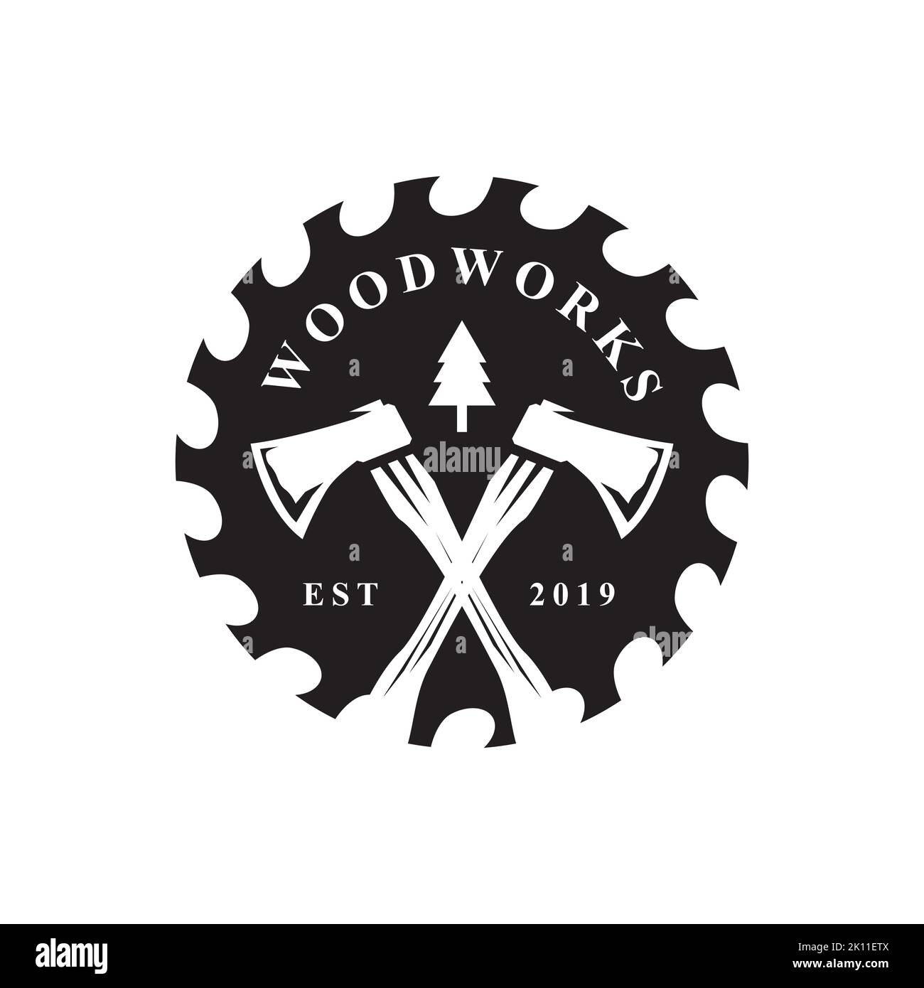 Holz arbeiten Symbol Logo Design. Kreative Ikone für die Schreinerei. Sägewerk mit Baumdarstellung für Holzwerkfirma Stock Vektor