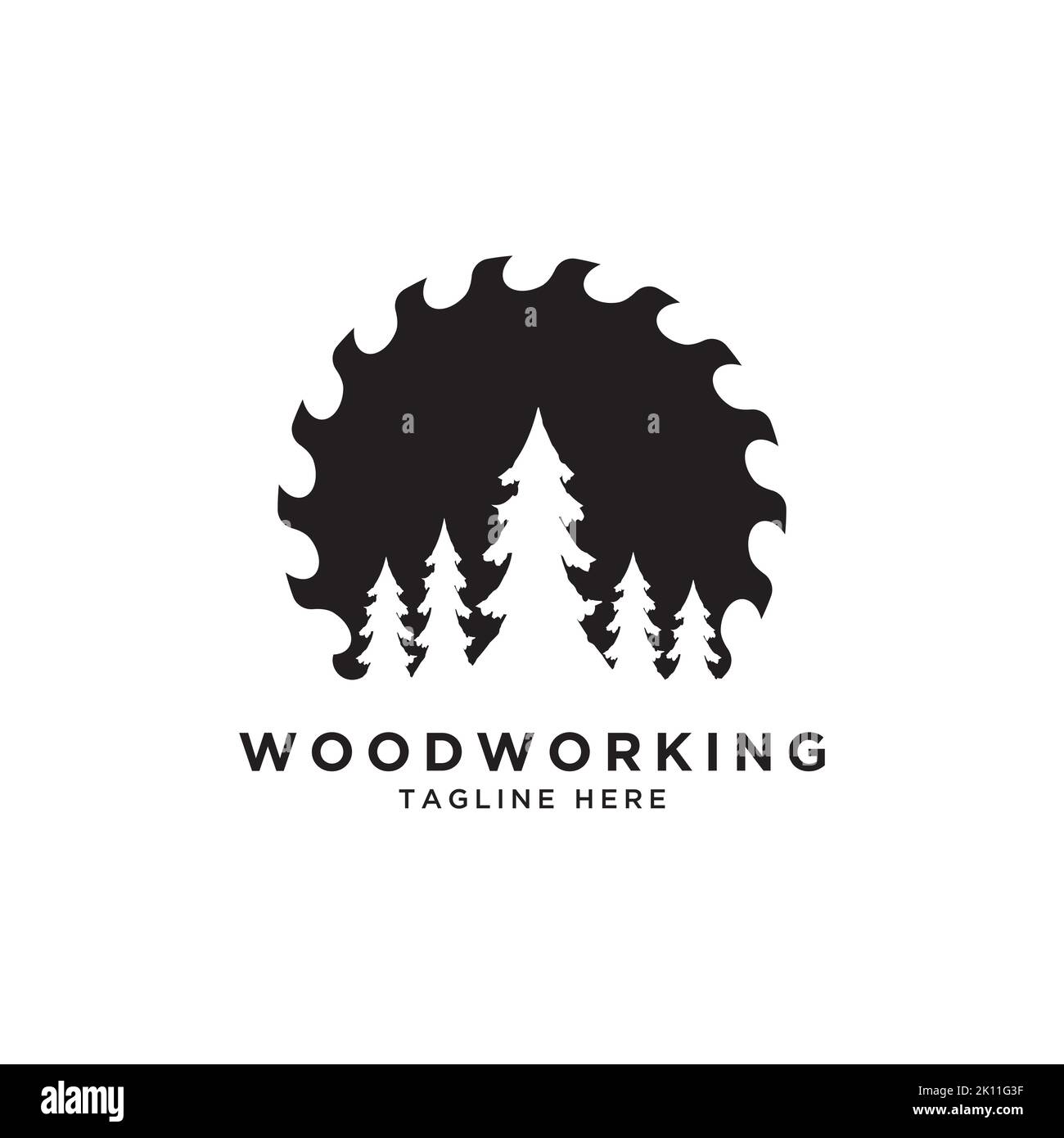 Holz arbeiten Symbol Logo Design. Kreative Ikone für die Schreinerei. Sägewerk mit Baumdarstellung für Holzwerkfirma Stock Vektor