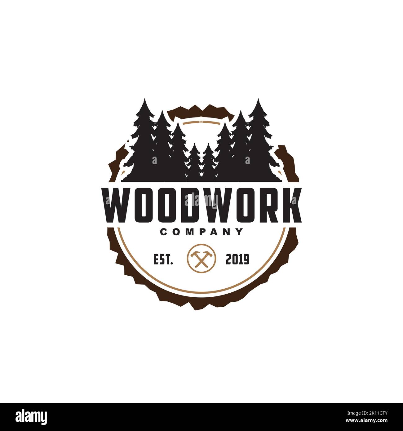 Design-Vorlage für Holzarbeiten Logo. Kreatives Abzeichen für Holzarbeiten Unternehmen. Inspiration für das Tischlerlogo Stock Vektor