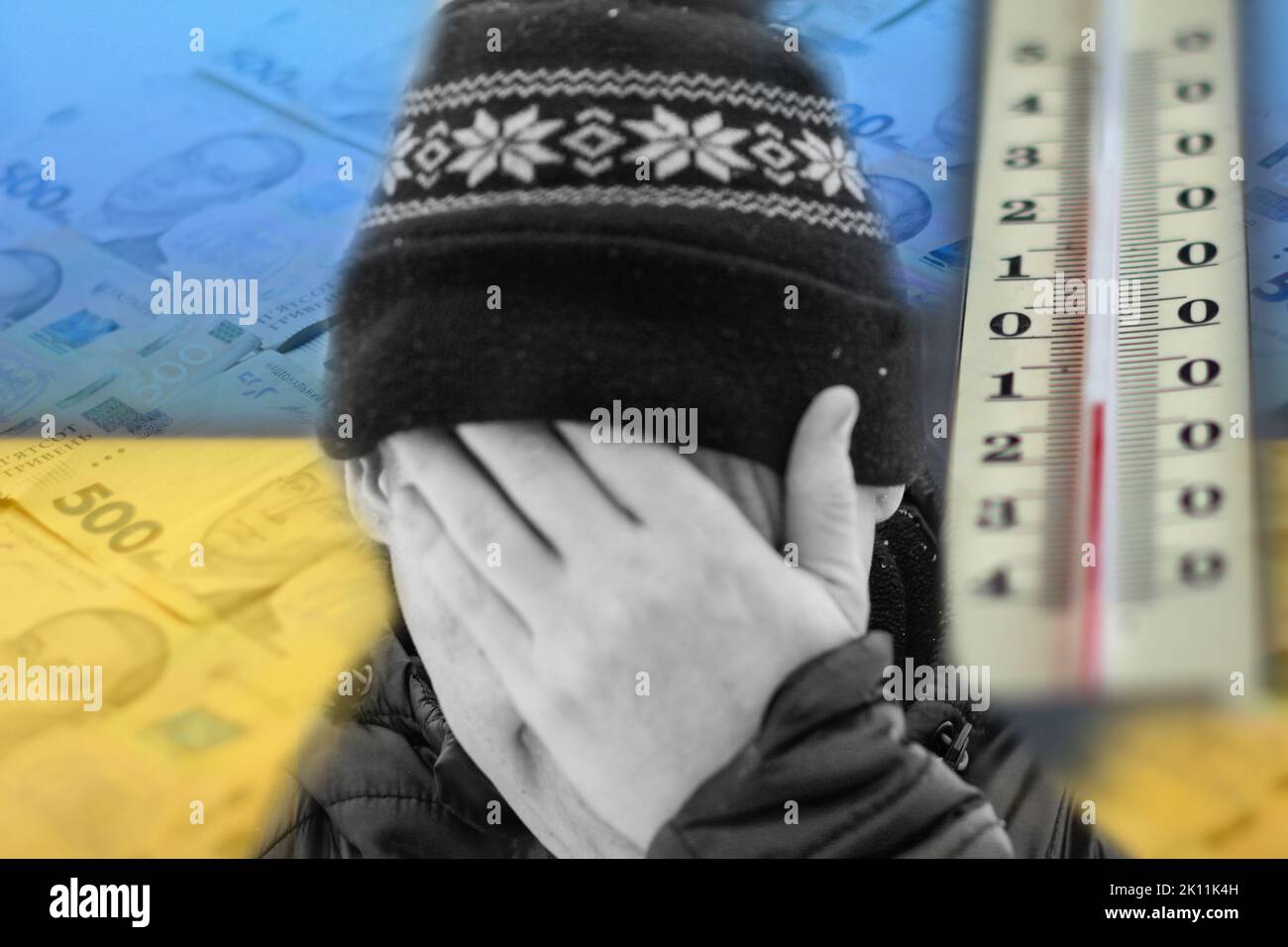 Unschärfe-Mann versteckt Gesicht. Erhöhung der Kosten für die Gasrechnung. Flagge der Ukraine ...