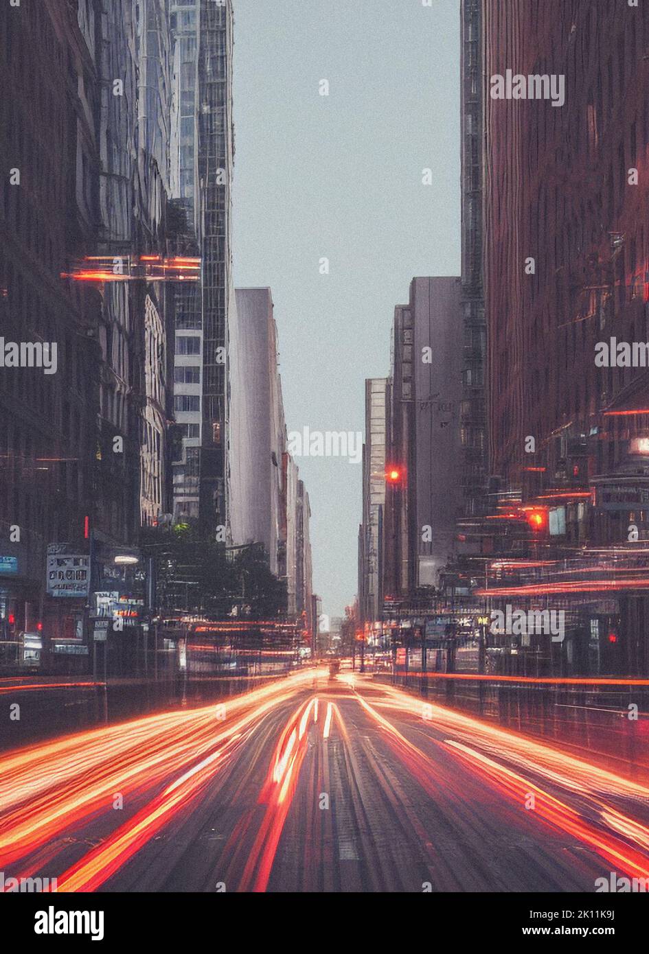Eine lange Belichtung von Autolampen auf einer Stadtstraße Stockfoto