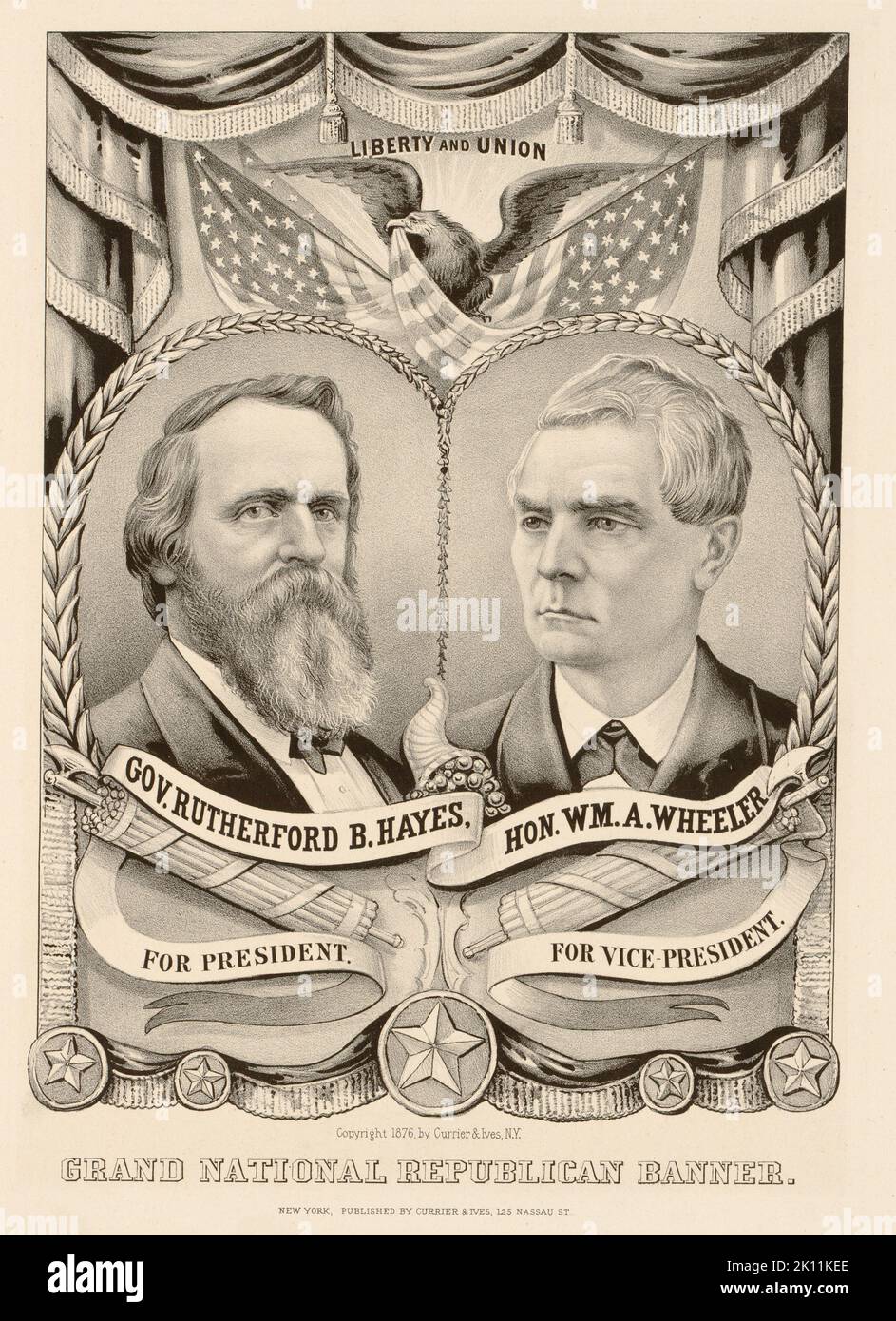 Original Currier & Ives Kampagnenplakat mit Darstellung des Hayes-Wheeler-Tickets. Stockfoto