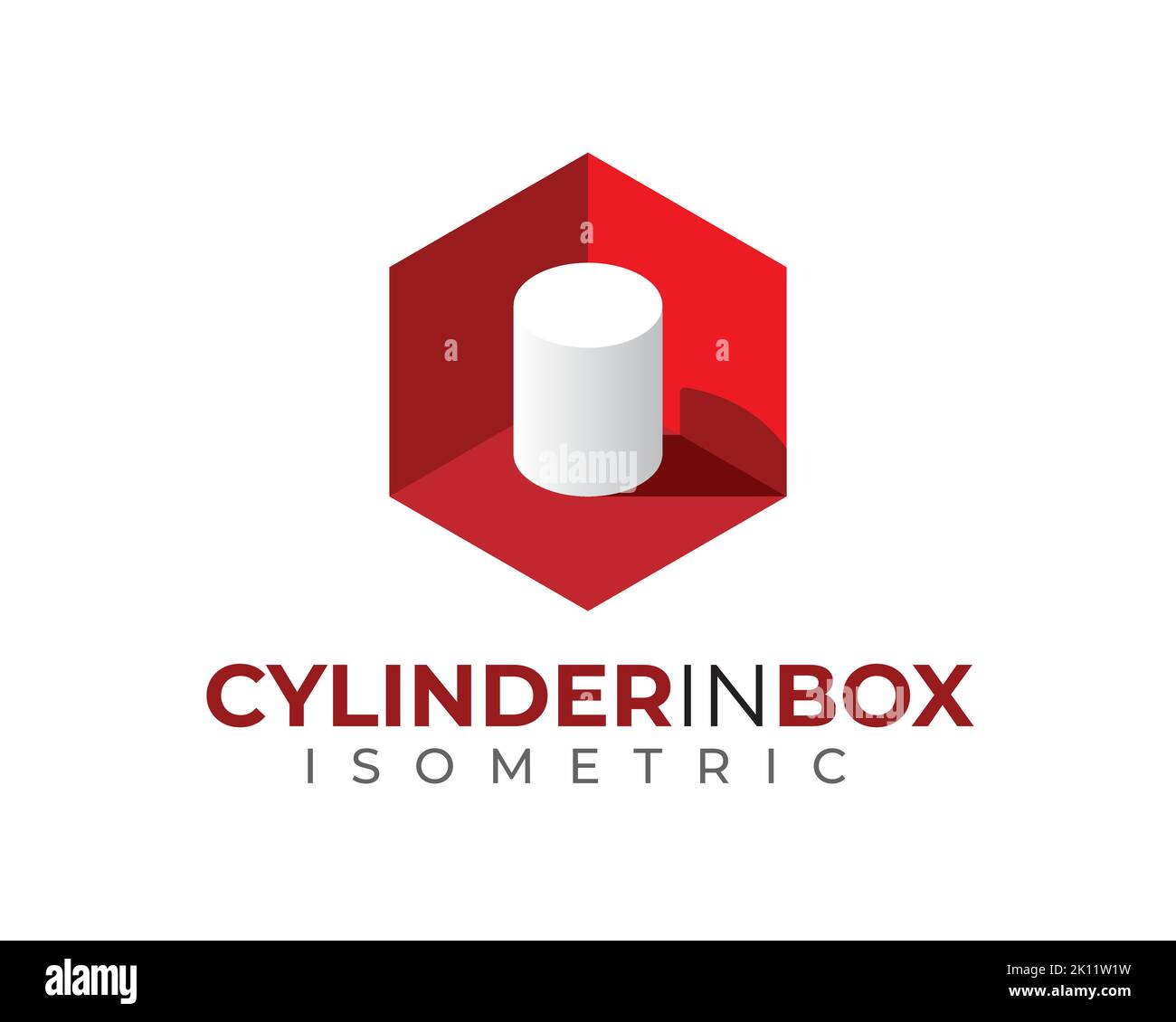 Weißer 3D 3-dimensionaler isometrischer Zylinderlauf im roten Sechskantkasten mit Licht und Schatten Stock Vektor