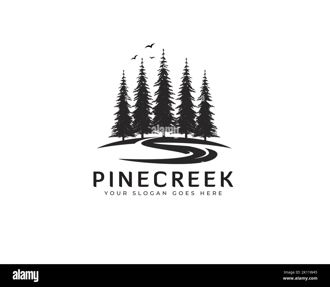 Immergrüne Kiefer Logo vintage mit Fluss Creek Vögel Illustration Stock Vektor