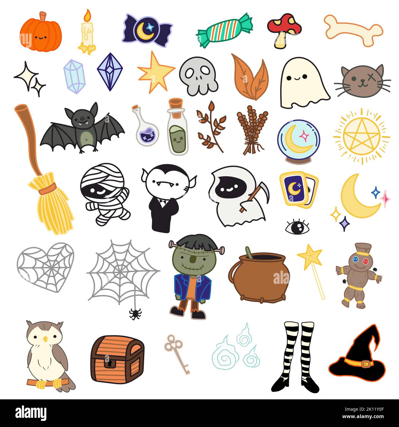 Happy Halloween Magic Cute Collection. Handgezeichnete Farbkritzelelemente für Dekoration isoliert auf weißem Hintergrund. Ideal für Sticker Dekoration. Stockfoto