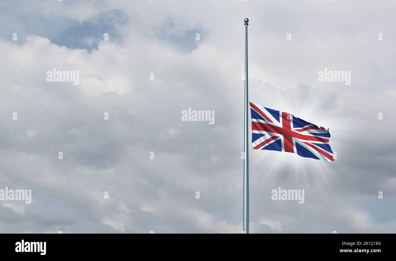 Großbritannien und Großbritannien trauern, als die Union-Jack-Fahne am halben Mast auf dem Fahnenmast oder der Stab an einem bewölkten Tag als Ikone auffahnte. Stockfoto