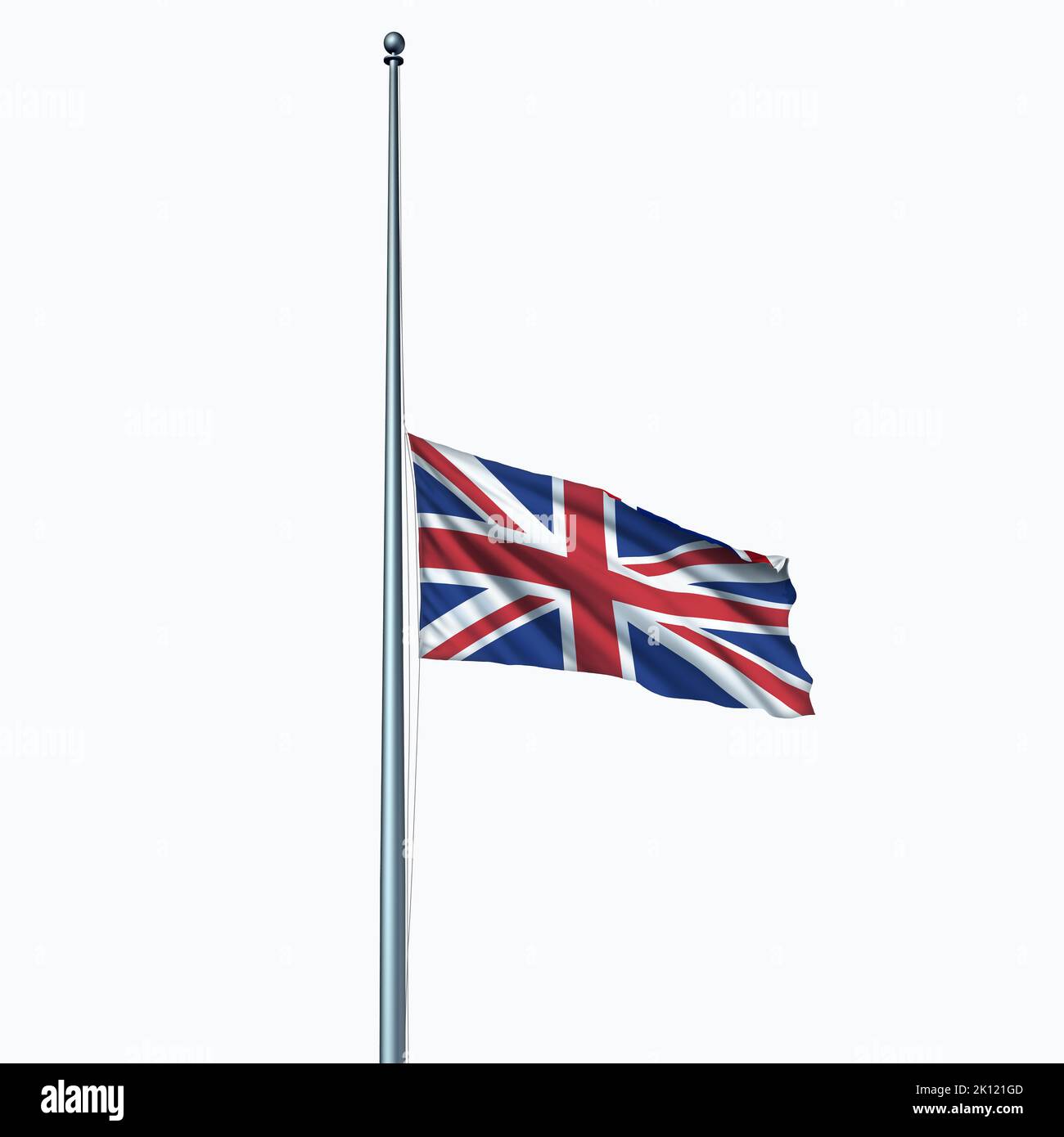Großbritannien und Großbritannien trauern, als die Union Jack-Fahne am halben Mast am Fahnenmast oder am Stabstag als Ehrenikone aufgeht. Stockfoto