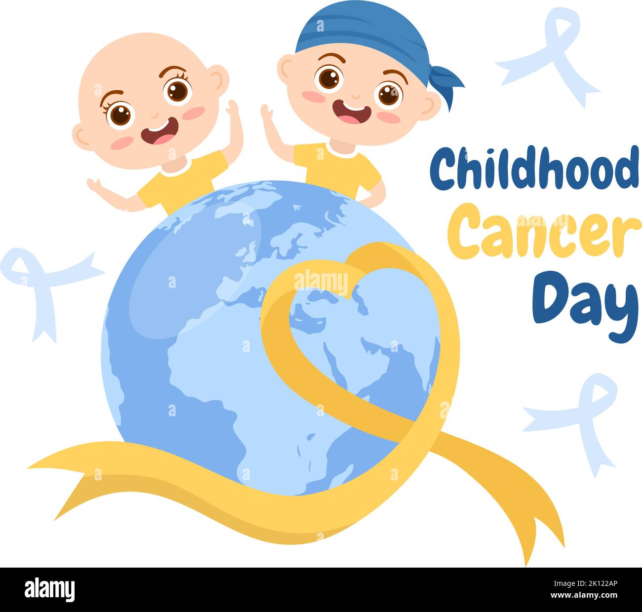 Handgezeichnetes Cartoon-Bild zum Internationalen Tag des Krebses im Kindesalter am 15. Februar zur Spendenbeschaffung, zur Förderung der Prävention und zur ausdrücklichen Unterstützung Stock Vektor