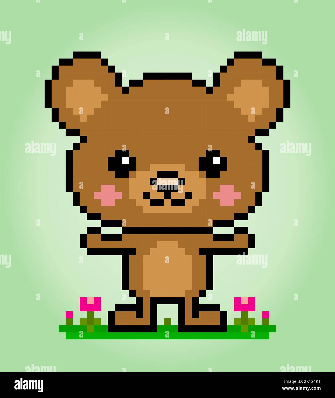 Pixel 8 Bit Brauner Bär sitzt. Tierische Spielelemente in Vektorgrafik. Stock Vektor