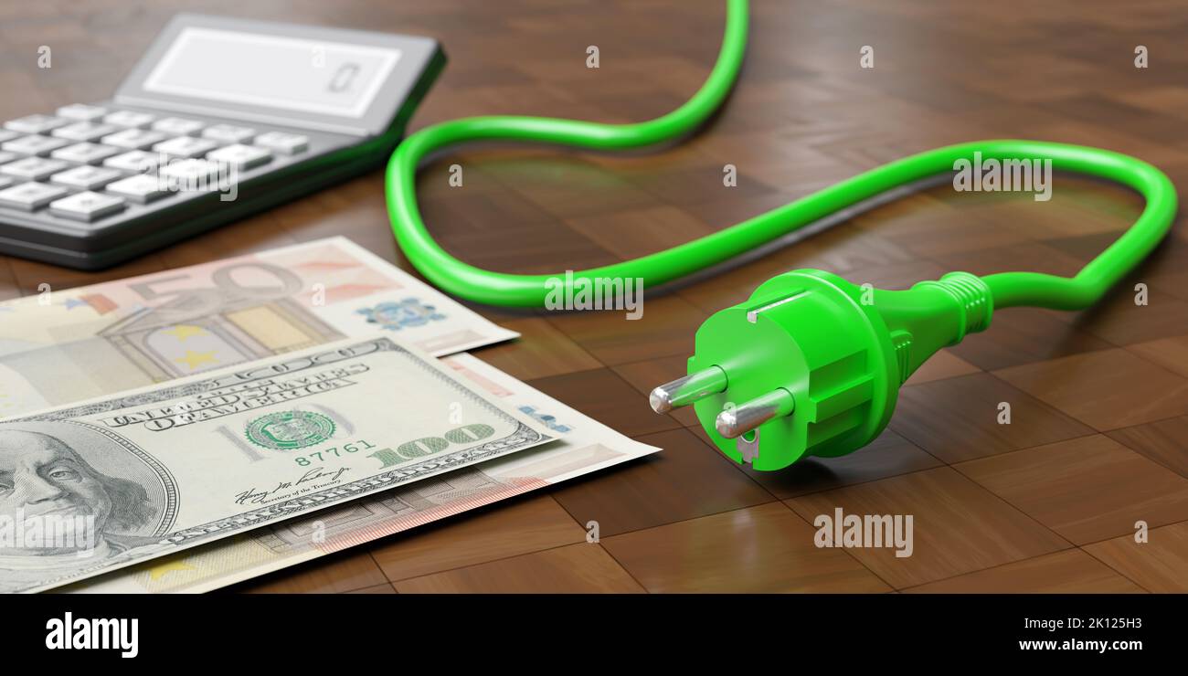 Kosteneinsparungskonzept für erneuerbare Energien. Stromkosten, grüner Stecker und Geld auf dem Tisch. 3D Rendern Stockfoto