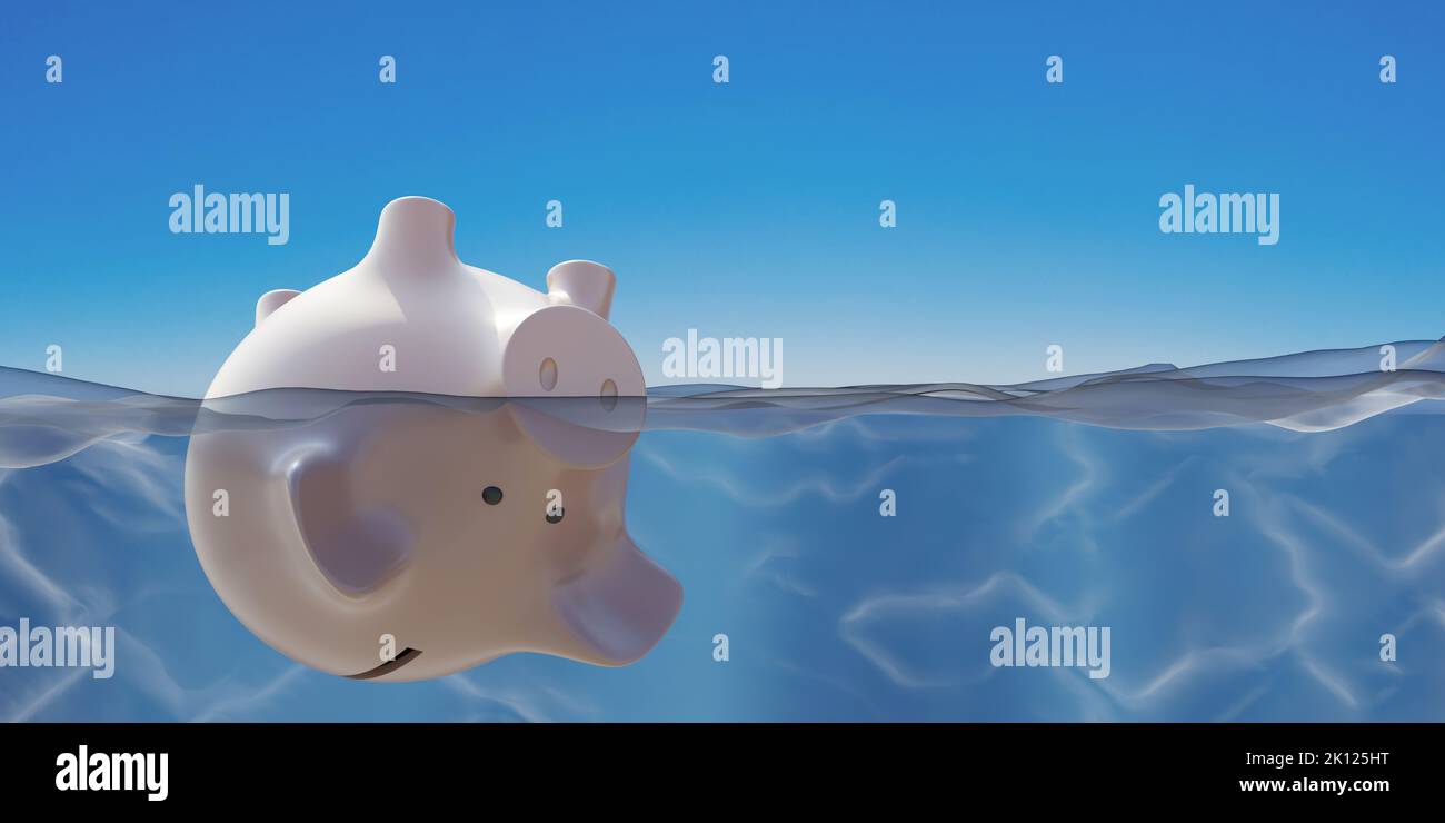 Konkurs- und Geschäftsschließungskonzept. Sparschwein ertrinkt im Meerwasser. 3D Rendern Stockfoto