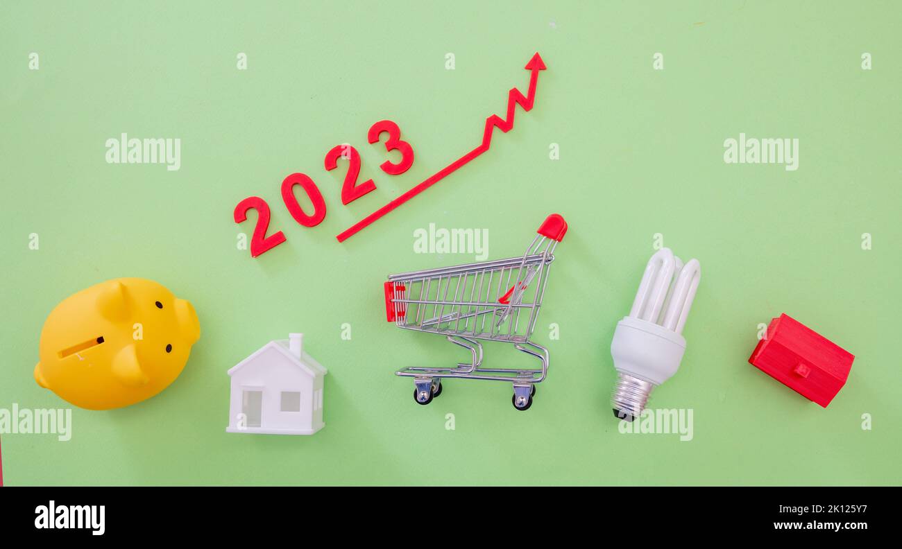 2023 Jahre, Lebenshaltungskosten, Lebensmittel und Lebensmittelpreise steigen, sparen. Warenkorb Sparschwein und roter Pfeil nach oben. Stockfoto