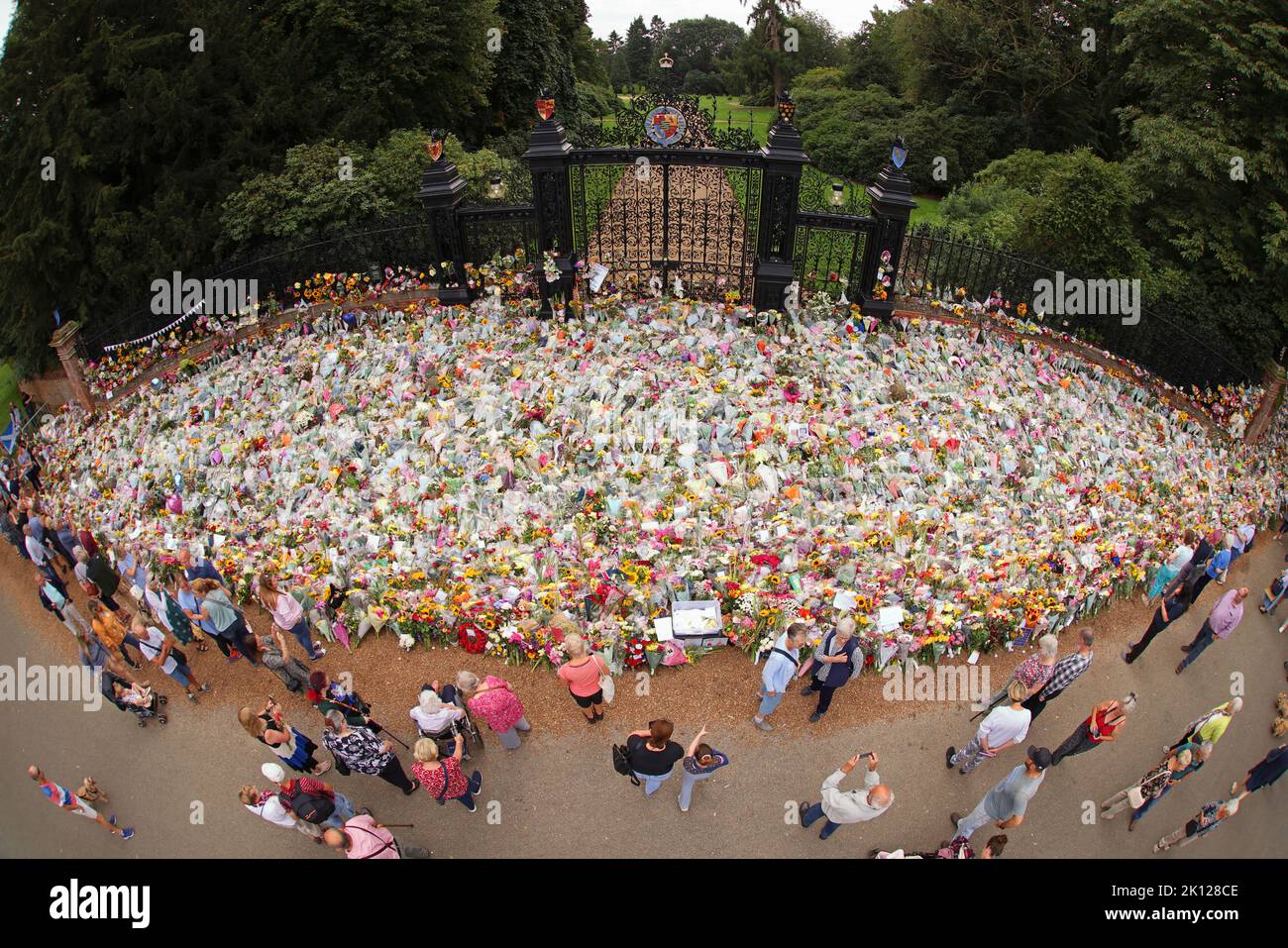 Sandringham, Großbritannien. 12. September 2022. Blumengebete heute, 12.. September, bei den Norwich Gates in Sandringham, Norfolk. Das Land trauert noch offiziell um Königin Elisabeth II., die von König Karl III. Abgelöst wurde Königin Elizabeth II. Starb am 8. September 2022, als sie im Balmoral Castle in Schottland wohnte. Kredit: Paul Marriott/Alamy Live Nachrichten Stockfoto