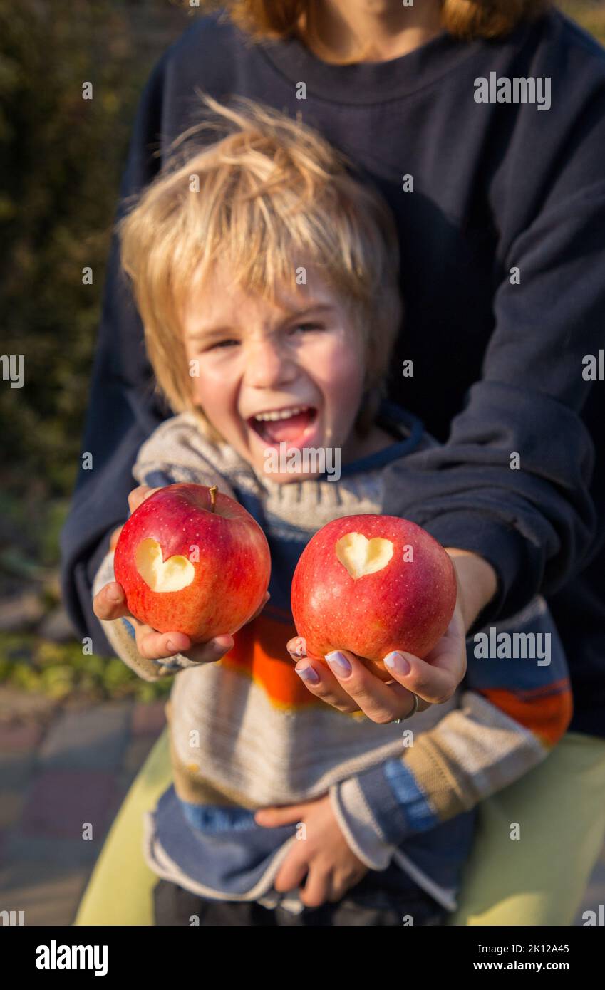 Fröhlicher Junge hält vor ihm zwei große rote Äpfel mit Herzen in sie geschnitzt. Muttertag Überraschung, glückliche Kindheit, positives Denken. Stockfoto