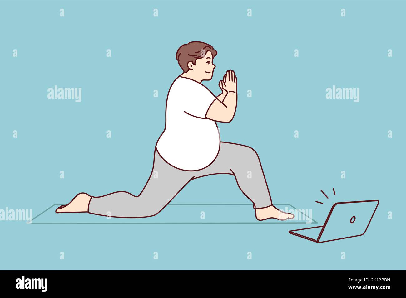 Fat Mann in Sportbekleidung Training auf Matte mit Online-Video-Lektion am Computer. Übergewichtige Männer machen Sportübungen mit Kursen im Internet auf dem Laptop. Gesundes Leben und Gewichtsverlust. Vektorgrafik. Stock Vektor