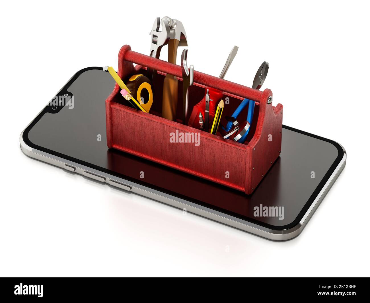Werkzeugkasten mit Reparaturwerkzeugen, die auf einem generischen Smartphone stehen. 3D Abbildung. Stockfoto