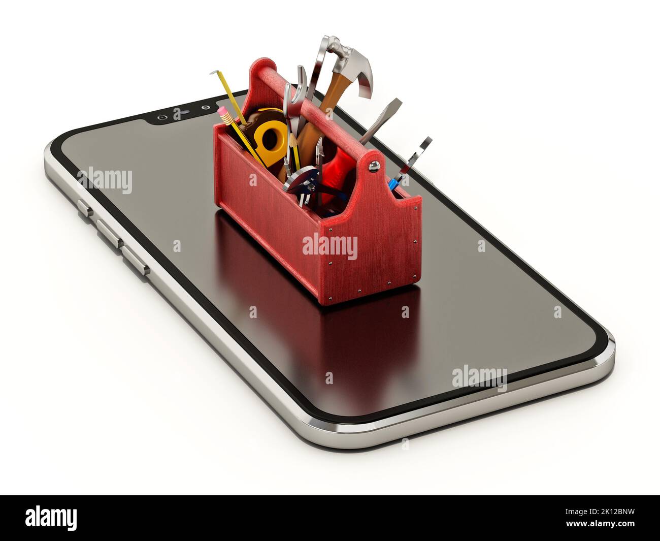 Werkzeugkasten mit Reparaturwerkzeugen, die auf einem generischen Smartphone stehen. 3D Abbildung. Stockfoto
