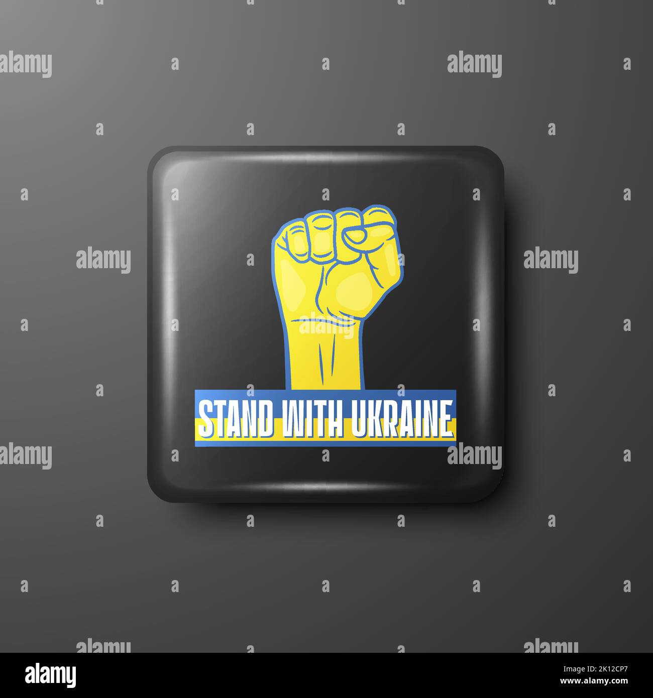 Steht mit der Ukraine, die Faust erhob sich. Button Pin Abzeichen mit Anti-war Call. Kampf, Protest, Unterstützung der Ukraine mit ukrainischer Flagge. Vektorgrafik Stock Vektor