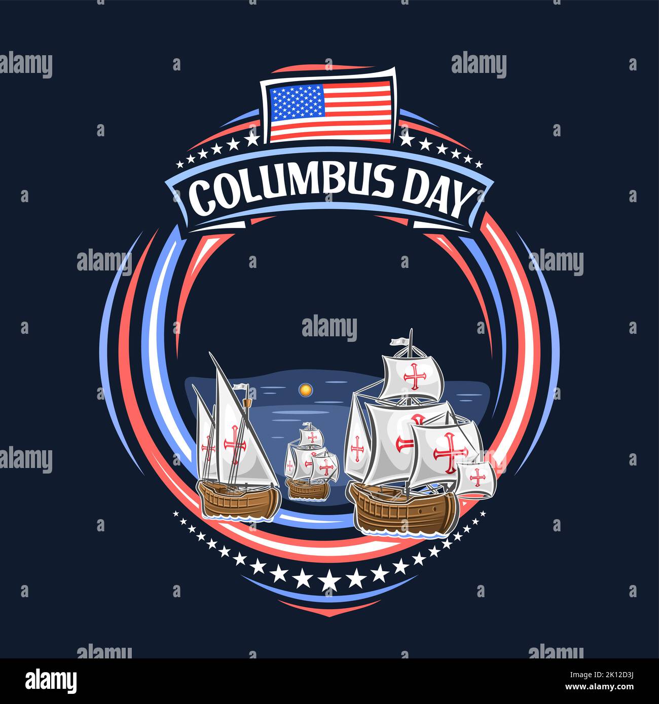 Vektorrahmen für Columbus Day mit leerem Copyspace für Gratulationstext, Kreisschild mit Illustration von alten columbus-Schiffen, US-Nationalflagge, Stock Vektor