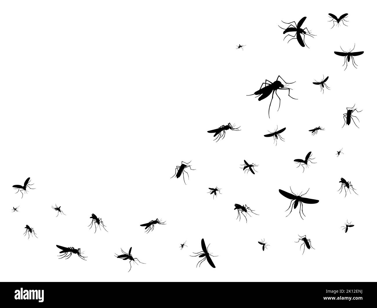 Isolierte fliegende Moskitos. Schwarze Silhouetten von Vektorschädlingsinsekten schwärmen in der Luft. Eine Herde von Mücken, Malaria, Dengue-Fieber oder mit dem zika-Virus infizierten Mücken, Krankheiten, Viren und Parasiten-Trägerinsekten Stock Vektor
