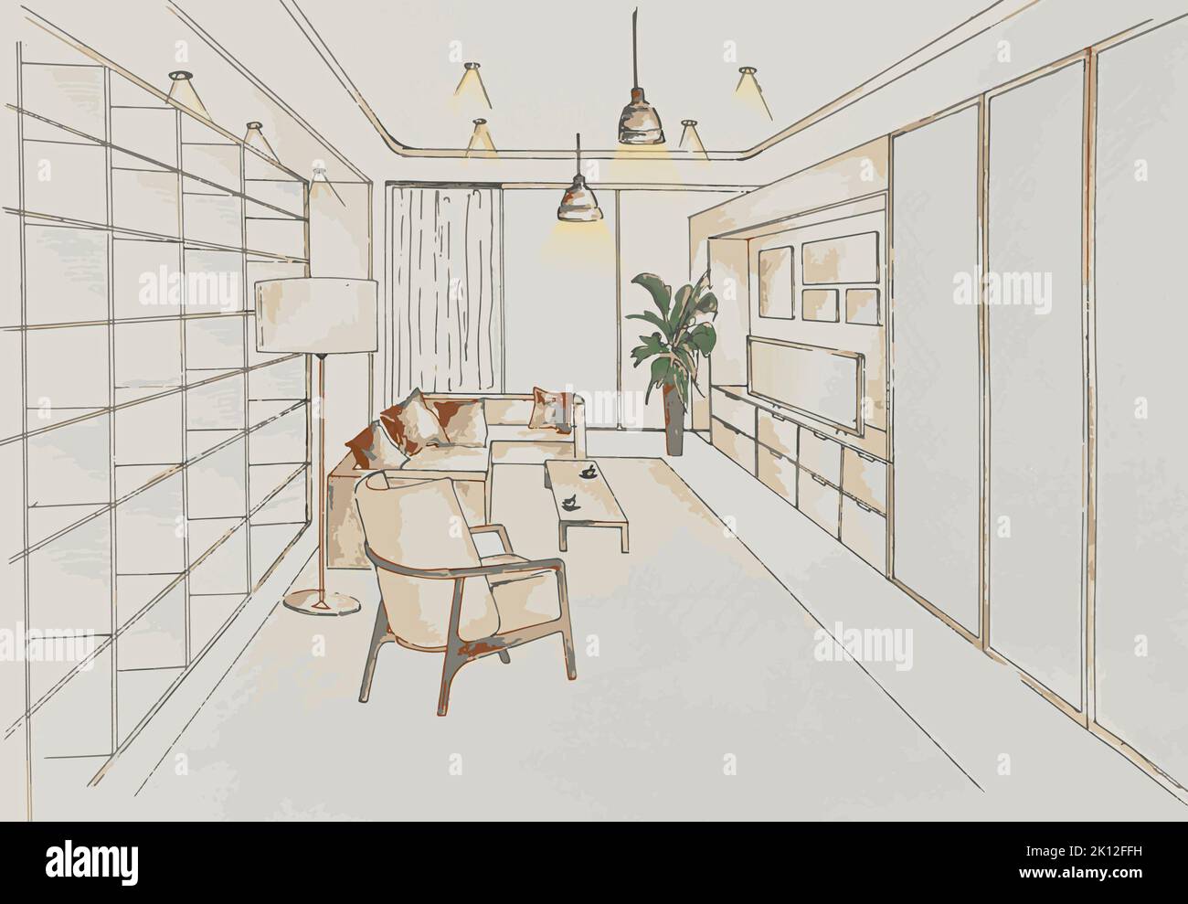 Entwurf eines modernen Wohnzimmers in perspektivischer Innenansicht. Zeichnungen und Pläne für die Hausdekoration Stockfoto