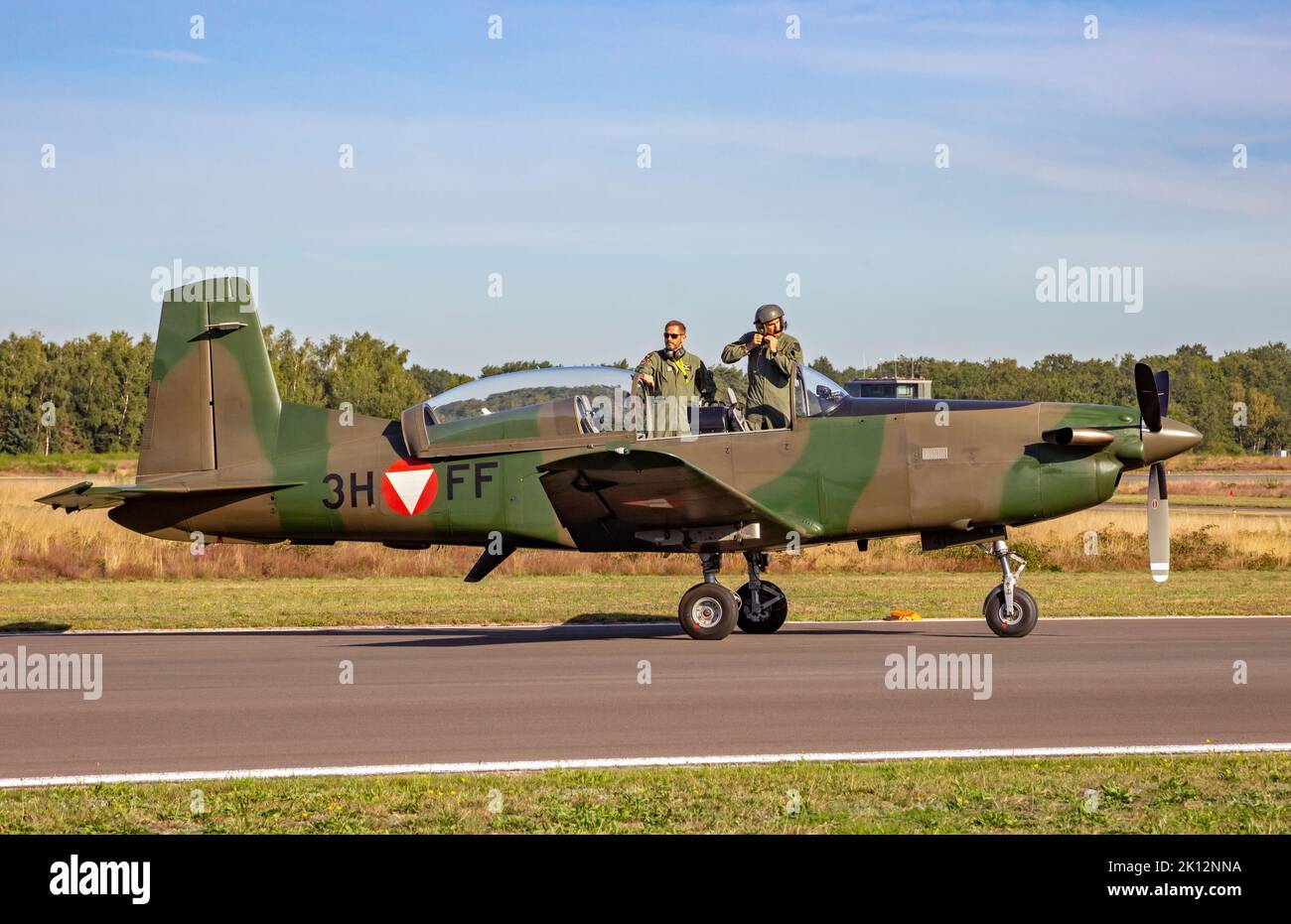 Pilatus PC-7 Trainerflugzeug der Österreichischen Luftwaffe auf der Flugbasis kleine-Brogel. Belgien - 14. September 2019. Stockfoto