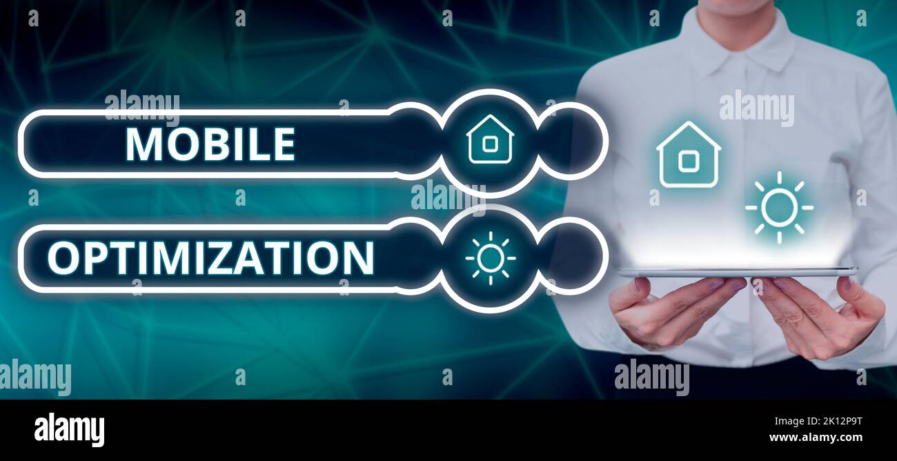Handschriftentext Mobile Optimierung. Konzeptionelle Foto-Website-Inhalte für Handheld oder Tablet-Geräte neu formatiert Stockfoto