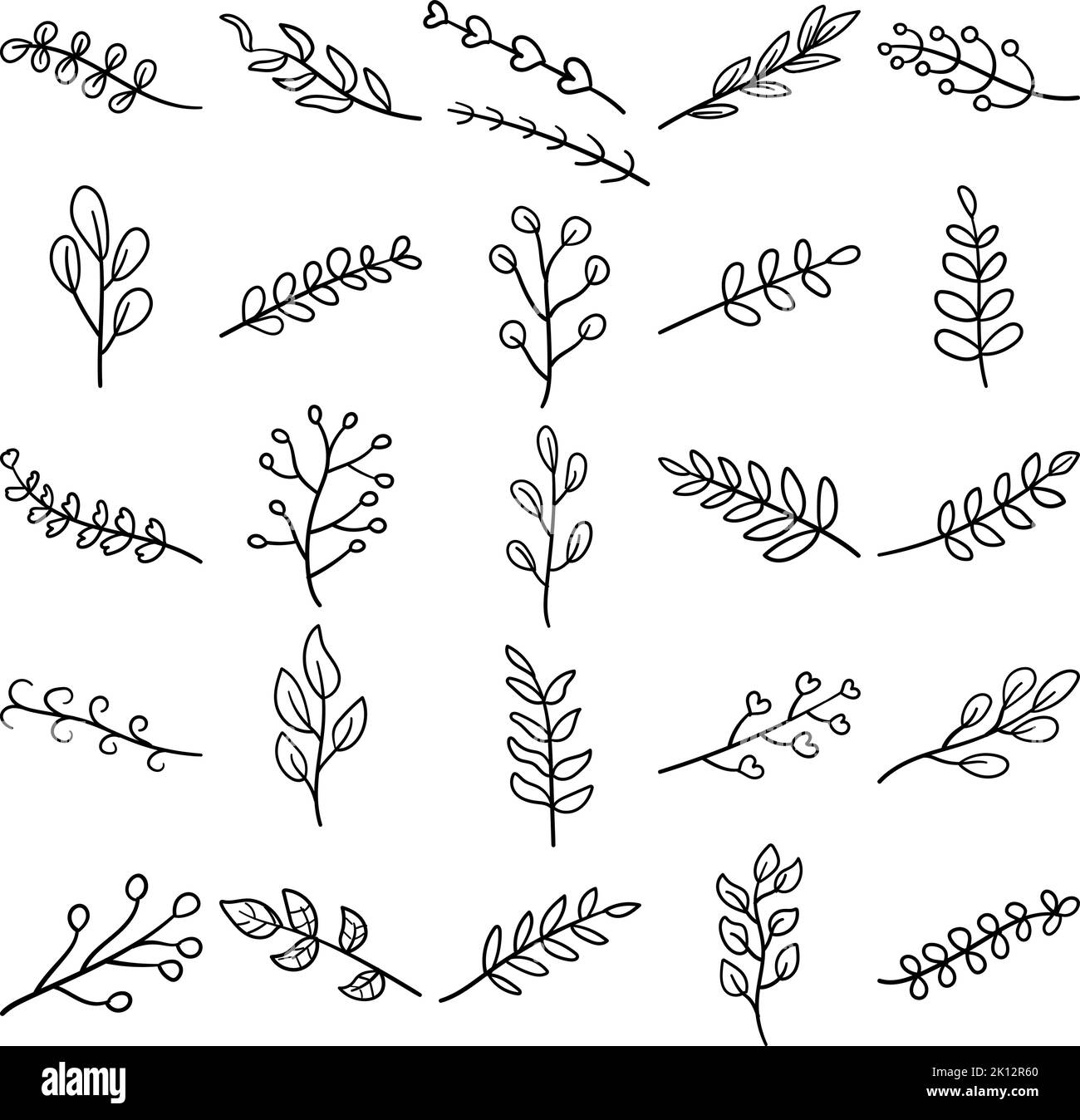 Pflanzen Handgezeichnete Doodle Line Art Outline Set mit Blumen, Gras, Kraut, Keimling, Strauch, Baum, Rebe, Unkraut, jährlich, alle zwei Jahre, bush, Kriechgang, Cutt Stock Vektor