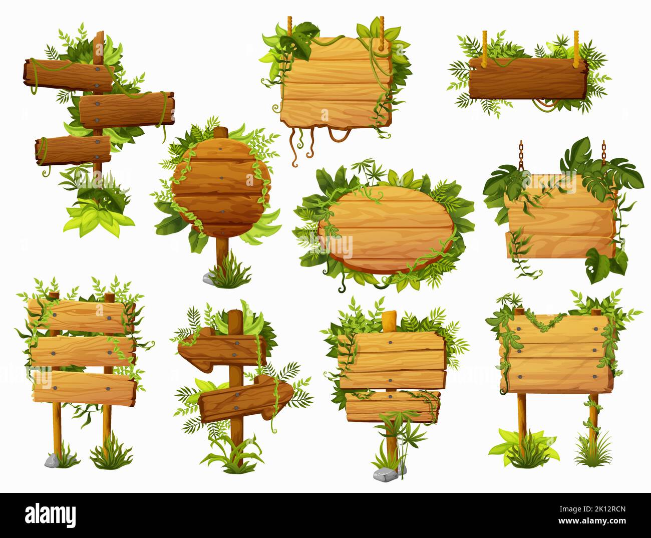 Cartoon Holzschilder und Tafeln mit tropischen Dschungel Lianen, Vektor-Schilder. Holzpfeil- und Schilder in Lianenreben oder Dickicht-Rahmen, Eingang oder Richtung Holzschilder in Blättern Stock Vektor