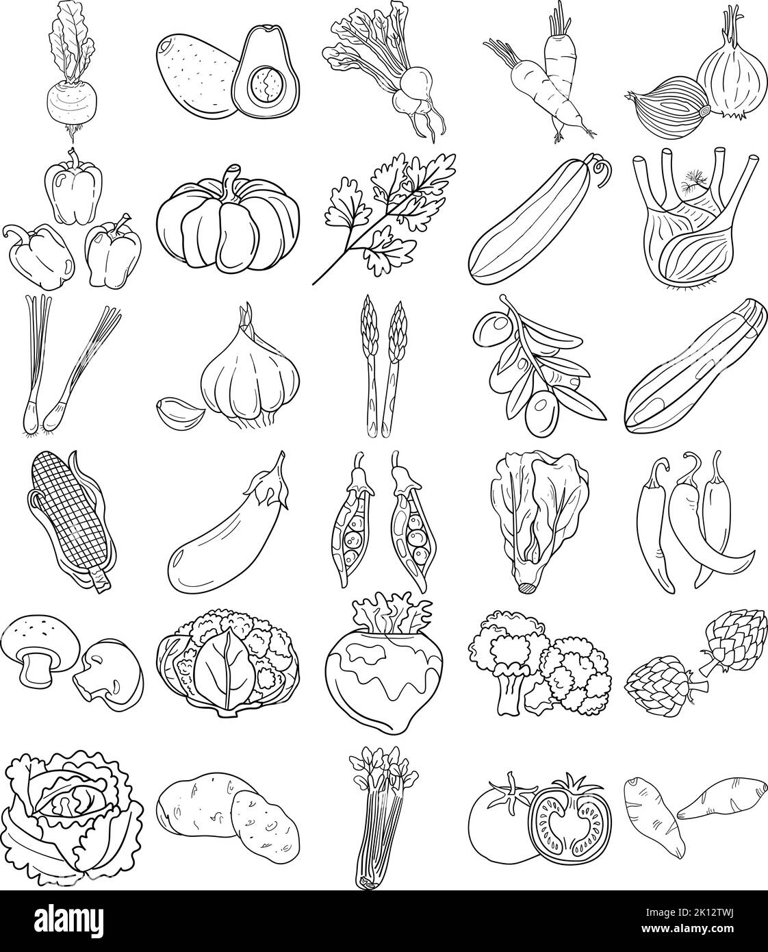 Handgezeichnetes Gemüse Doodle Line Art Outline Set Mit Avocado, Artischocke, Spargel, Mais, Pilz, Brokkoli, Blumenkohl, Gurke, Glockenpfepp Stock Vektor
