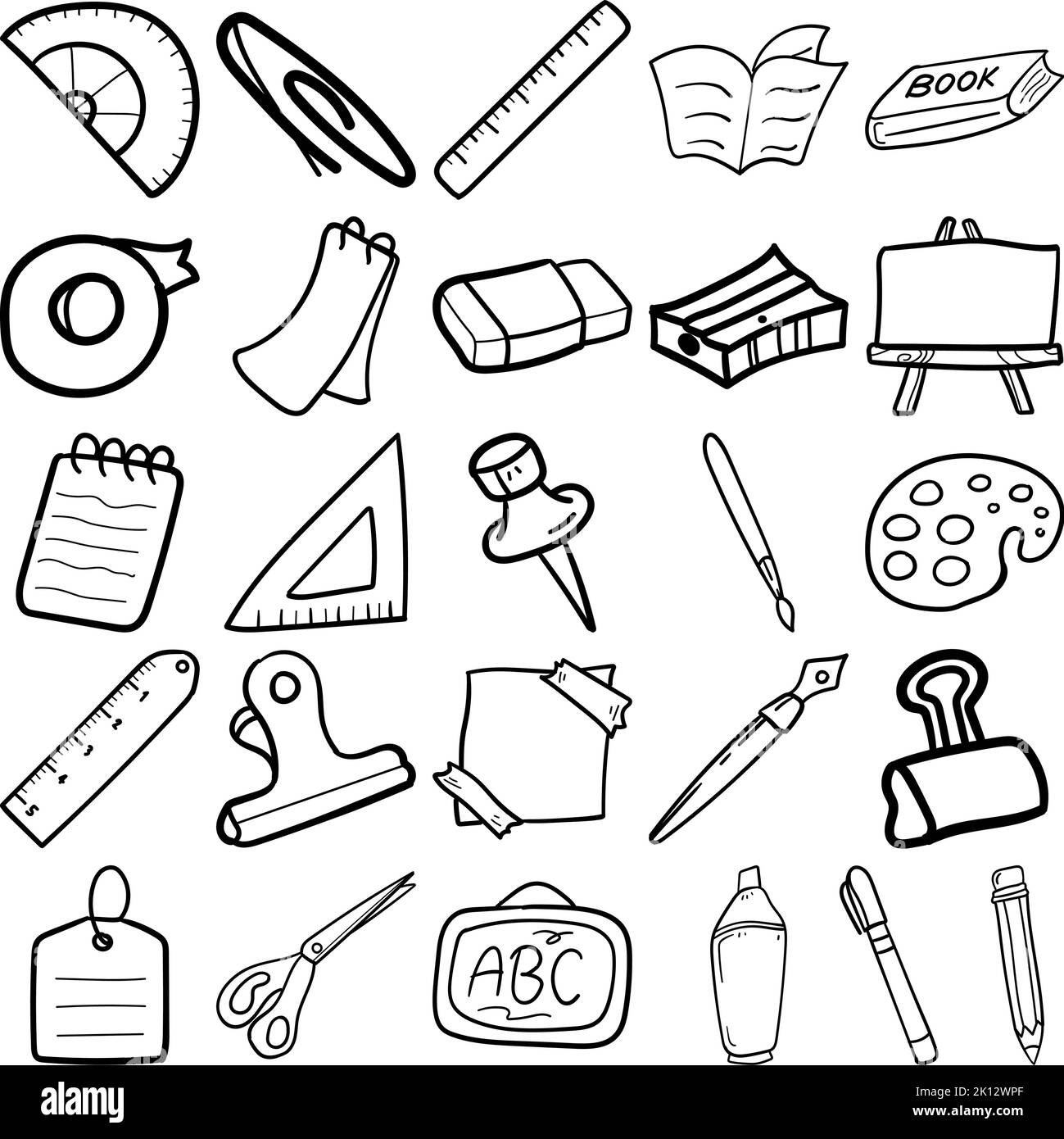 Schreibwaren handgezeichnetes Doodle Line Art Outline Set mit Schreibwaren, Terminbuch, Kugelschreiber, Pinsel, Binderclip, Büroklammer Stock Vektor