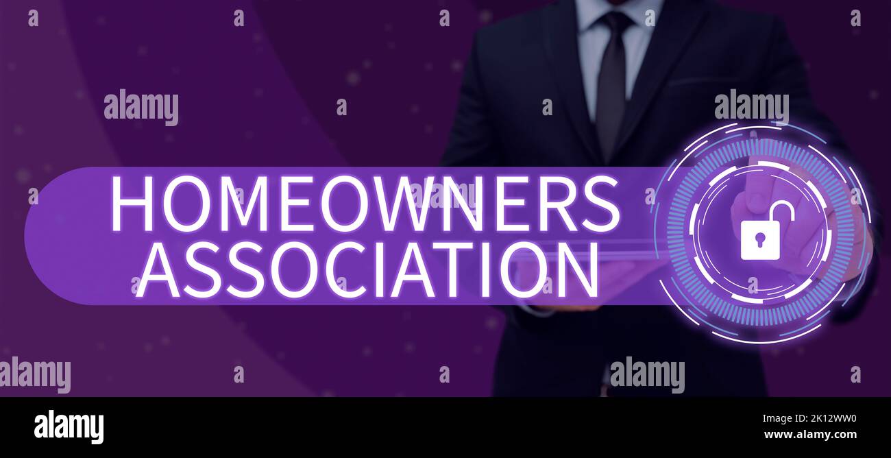 Inspiration zeigt Zeichen Homeowners Association. Konzept Bedeutung Organisation mit Gebühr für die Pflege der Gated Community Stockfoto