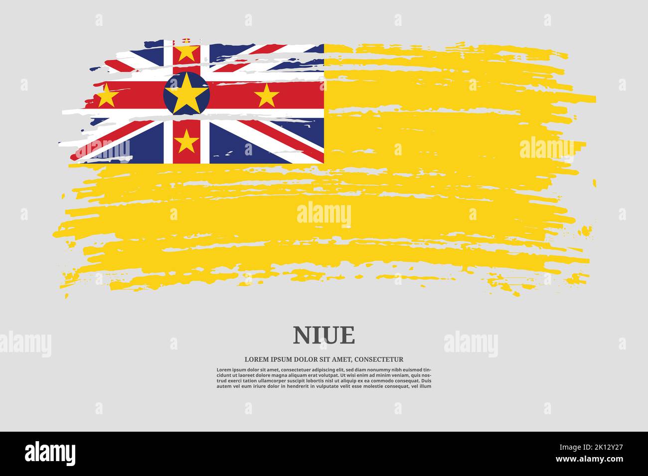 Niue-Flagge mit Pinselstrich-Effekt und Informationstextplakat, Vektorhintergrund Stock Vektor