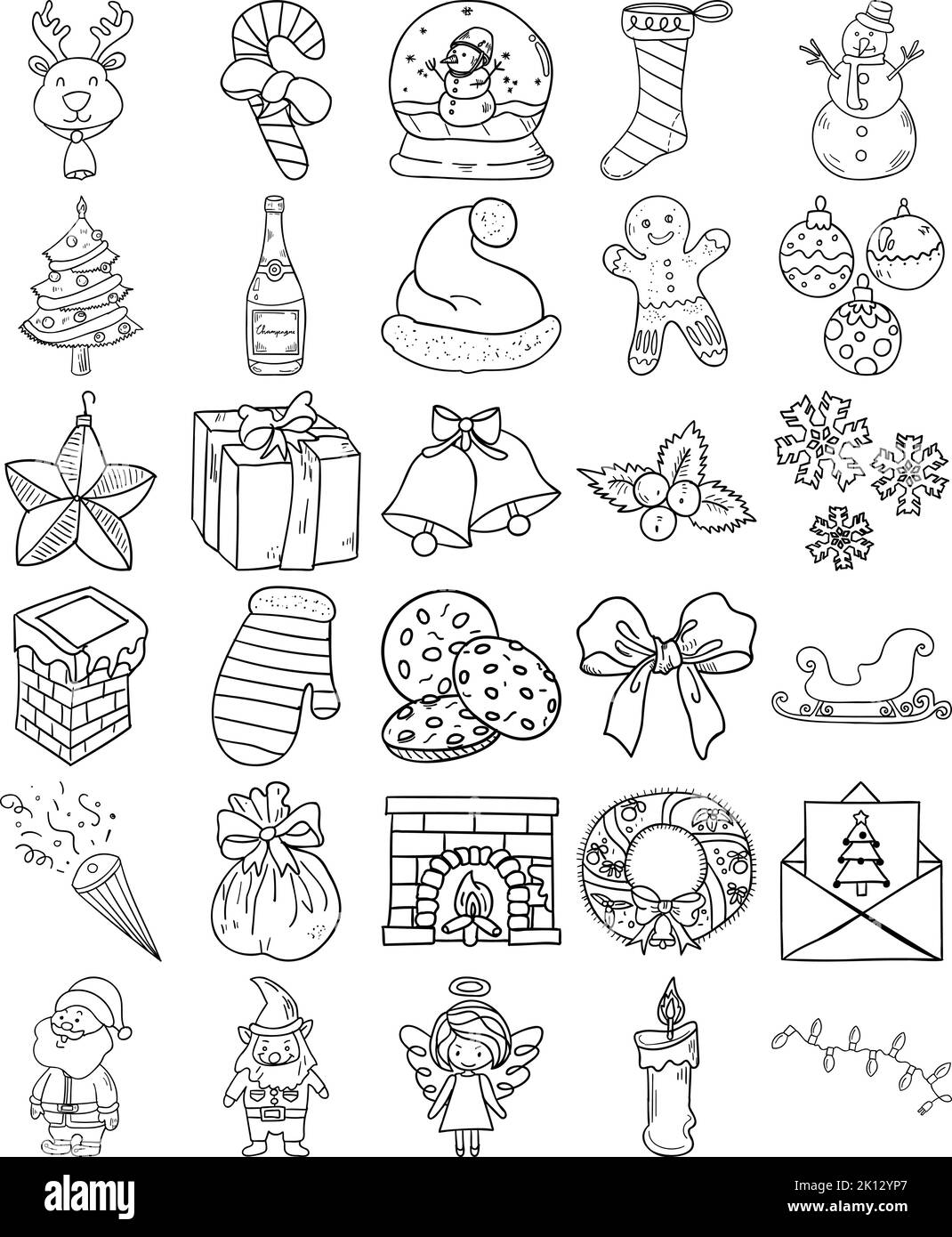 Handgezeichnetes Weihnachts-Doodle-Line-Art-Outline-Set mit Engel, Glocken, Bogen, Kerze, Zuckerrohr, Champagner, Kamin, Weihnachtskarte, Weihnachtsbaum Stock Vektor