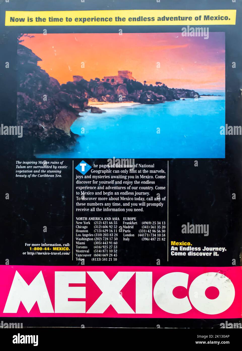 Anzeige für Reisen nach Mexiko in einer Zeitschrift von NatGeo im Januar 1996 Stockfoto