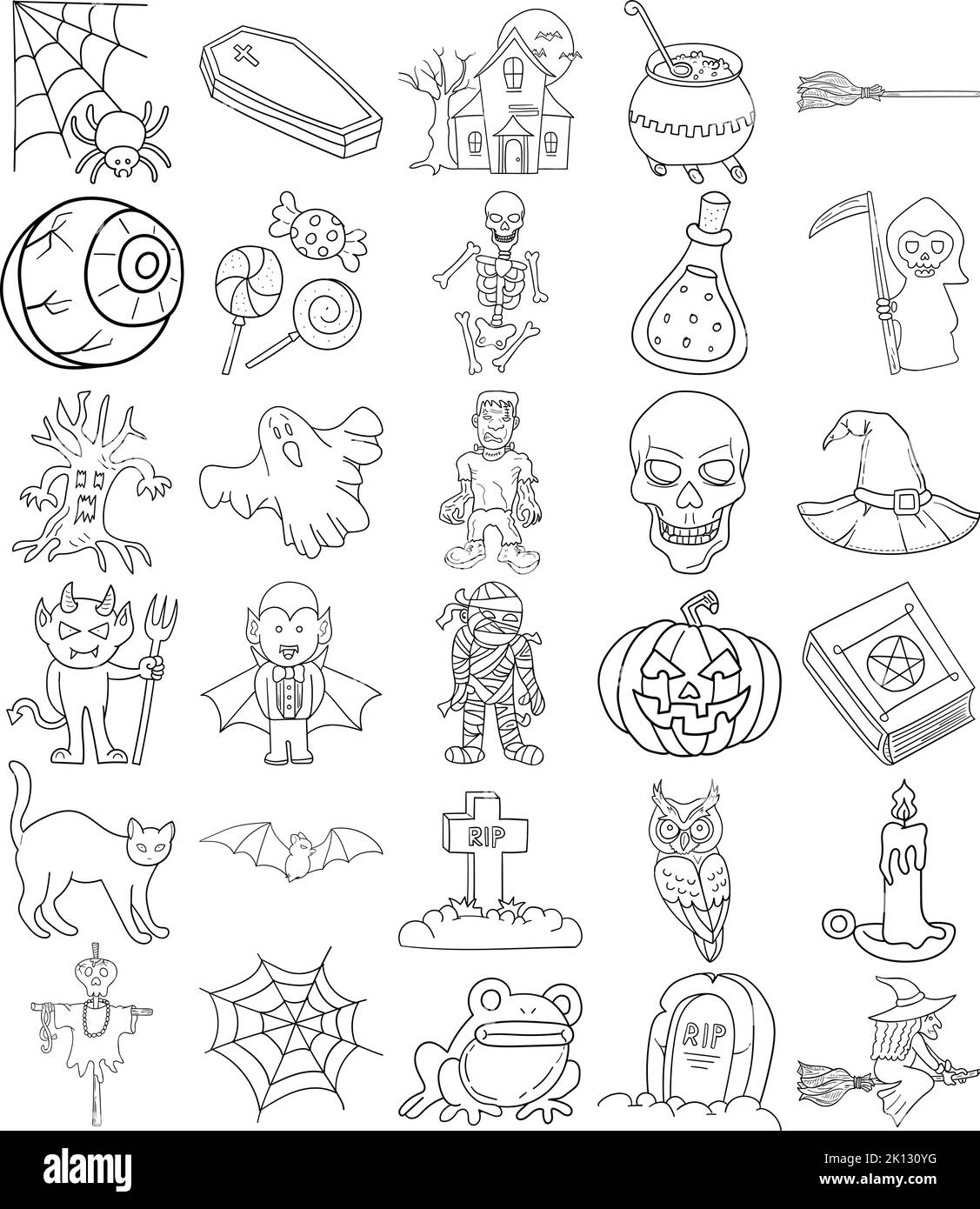 Handgezeichnetes Halloween Doodle Line Art Outline Set mit Fledermaus, schwarzer Katze, Teufel, Geist, Mama, Spukhaus, Kessel, Hexe, Hexenhut Stock Vektor