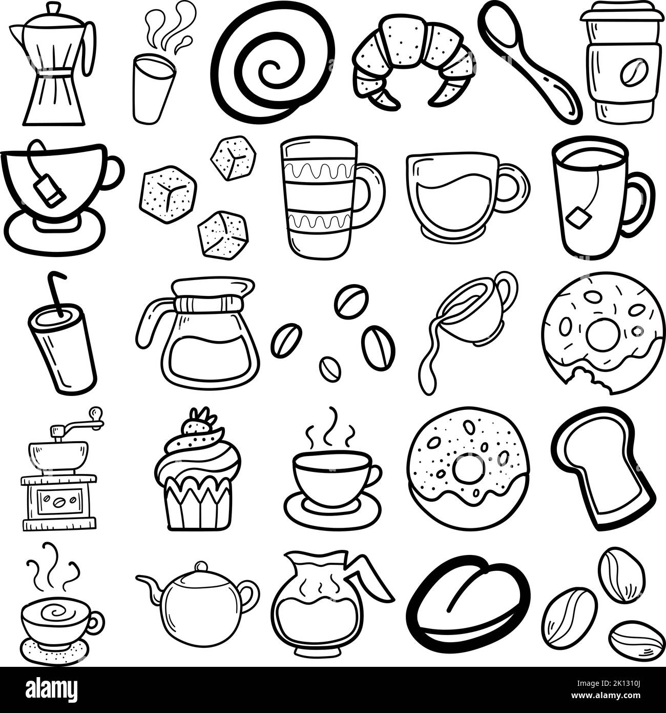 Kaffee handgezeichnetes Doodle Line Art Outline-Set mit Koffein, Cappuccino, Espresso, Brühe, entkoffeinierten, Dekoktion, Demitasse, Tinte, java, Mokka, Schlamm Stock Vektor