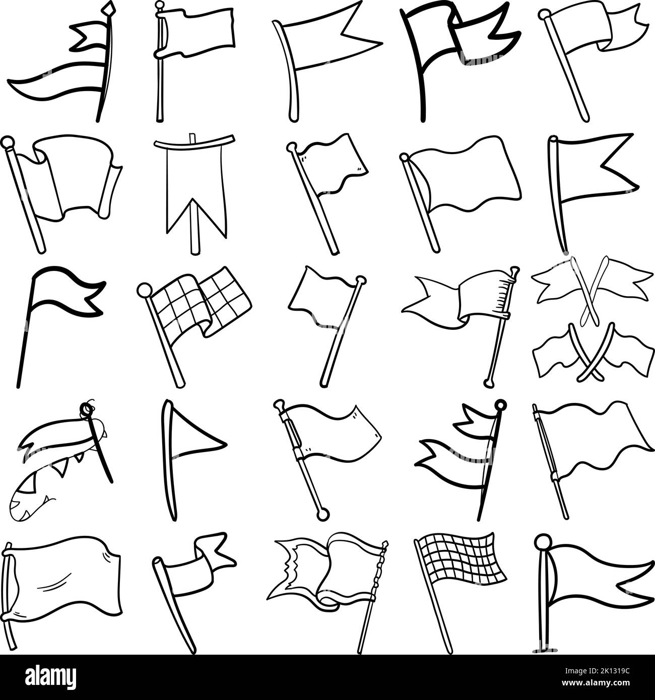 Handgezeichnete Fahnen Doodle Line Art Outline Set mit Flagge, Fahnen, Banner, Emblem, Streamer, Farben, Fensign, Jack, PENNon, Standard, Banderole Stock Vektor
