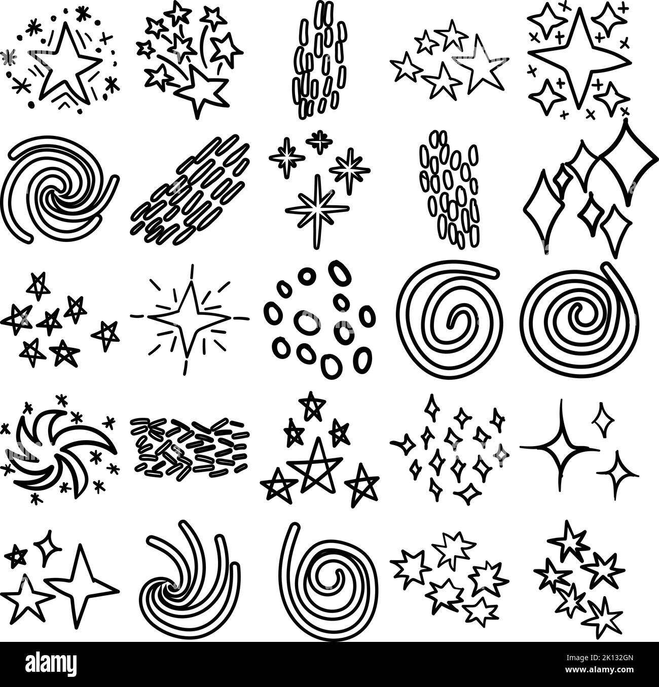 Galaxy Hand Drawn Doodle Line Art Outline Set mit Galaxie, Universum, Raum, Kosmos, Sonnensystem, Schöpfung, Natur, Welt, Kosmos, Sternensystem Stock Vektor