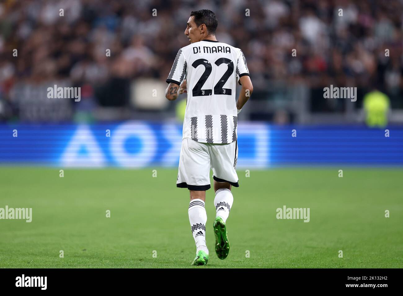 Angel Di Maria vom FC Juventus schaut während des UEFA Champions League-Spiel der Gruppe H zwischen dem FC Juventus und SL Benfica am 14. September 2022 im Allianz Stadium in Turin, Italien, auf. Stockfoto