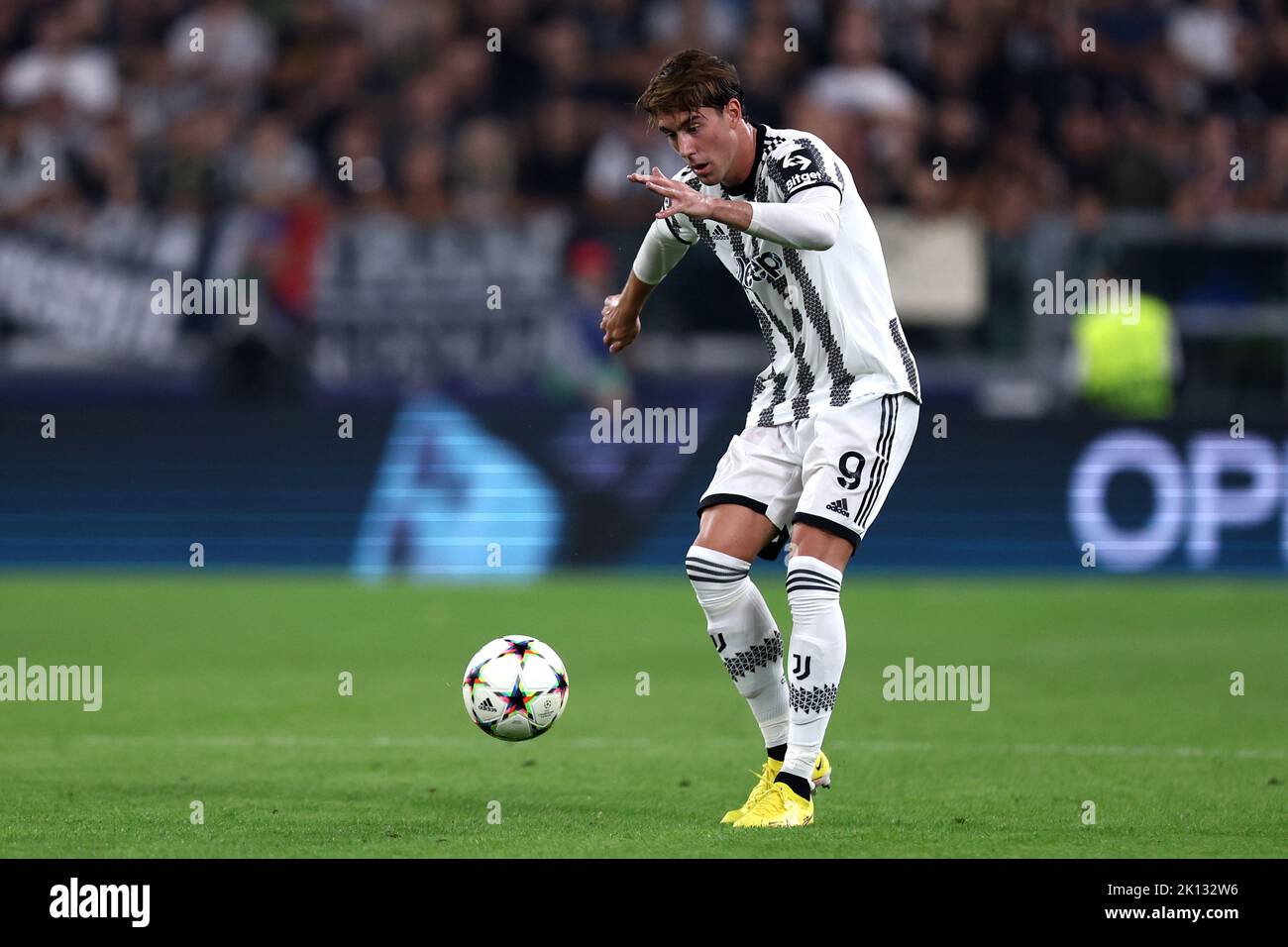Dusan Vlahovic vom FC Juventus kontrolliert den Ball während des UEFA Champions League-Spiel der Gruppe H zwischen dem FC Juventus und SL Benfica am 14. September 2022 in Turin, Italien. Stockfoto
