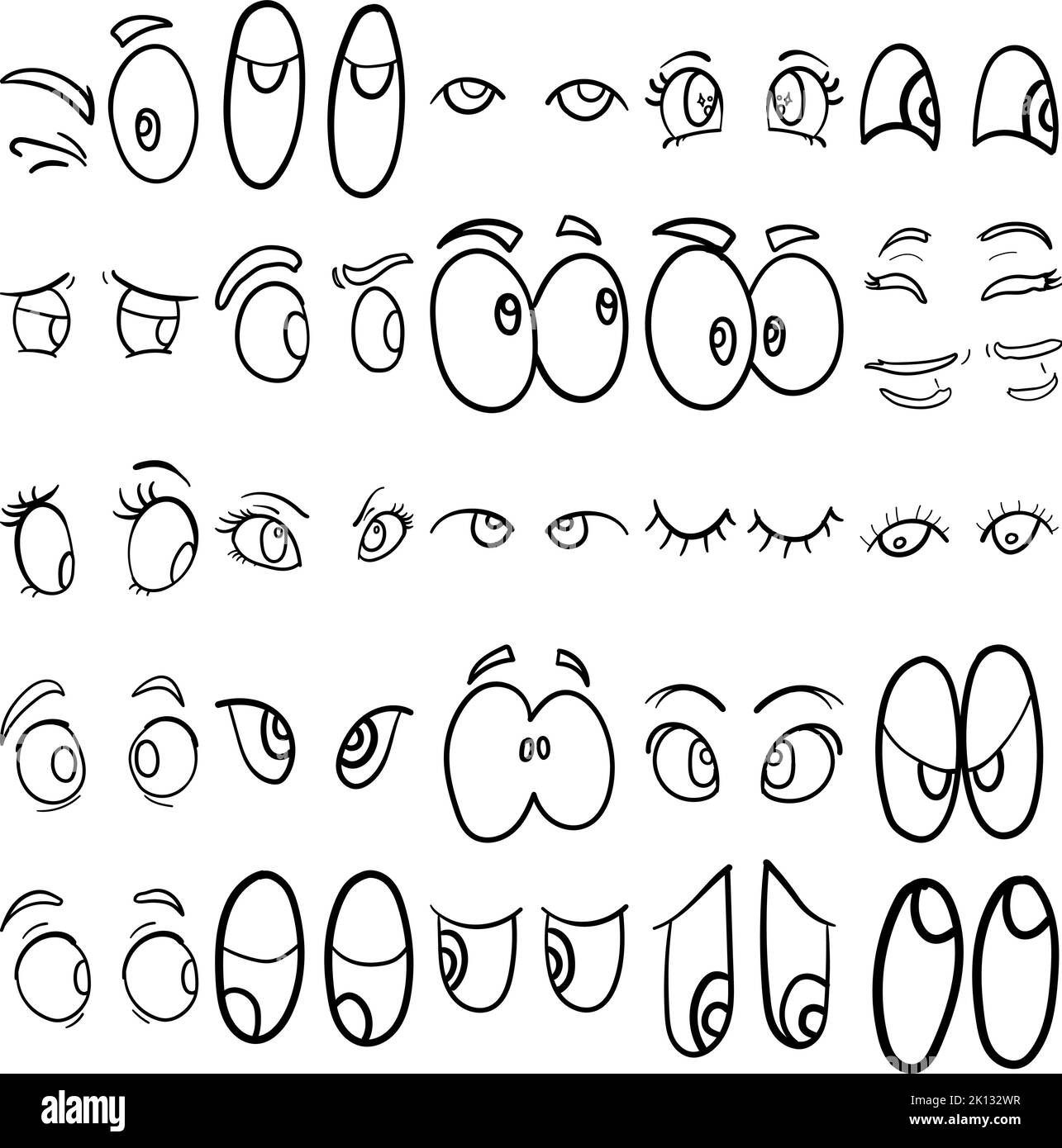 Augen handgezeichnetes Doodle Line Art Outline Set mit Augen, Optik, Augenausdruck, Augen Körpersprache, Aufschauen, Blick nach unten, Blick zur Seite Stock Vektor