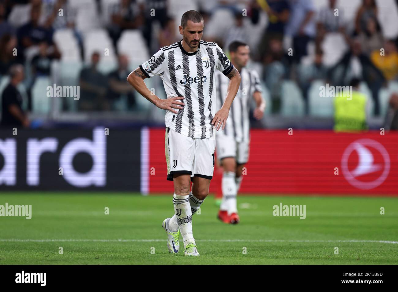 Leonardo Bonucci von Juventus FC sieht beim UEFA Champions League Group H-Spiel zwischen Juventus FC und SL Benfica am 14. September 2022 in Turin, Italien, niedergeschlagen aus. Stockfoto