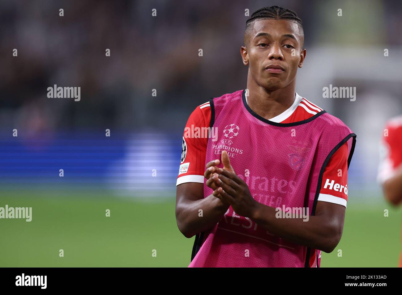 David Neres von SL Benfica feiert nach dem Gewinn des UEFA Champions League-Spiel der Gruppe H zwischen Juventus FC und SL Benfica am 14. September 2022 in Turin, Italien. Stockfoto