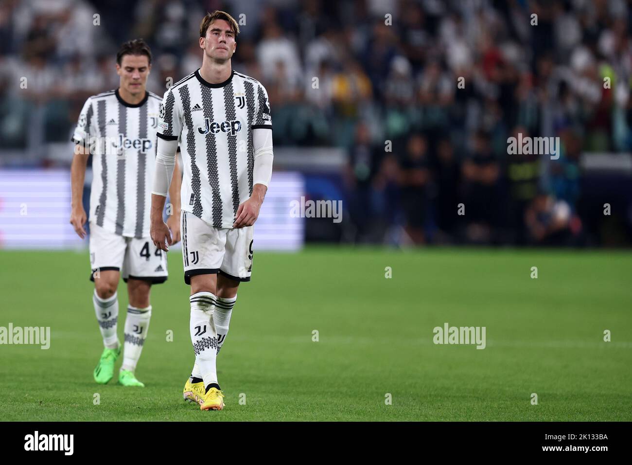 Dusan Vlahovic vom FC Juventus sieht beim UEFA Champions League-Spiel der Gruppe H zwischen dem FC Juventus und SL Benfica am 14. September 2022 im Allianz-Stadion in Turin, Italien, niedergeschlagen aus. Stockfoto