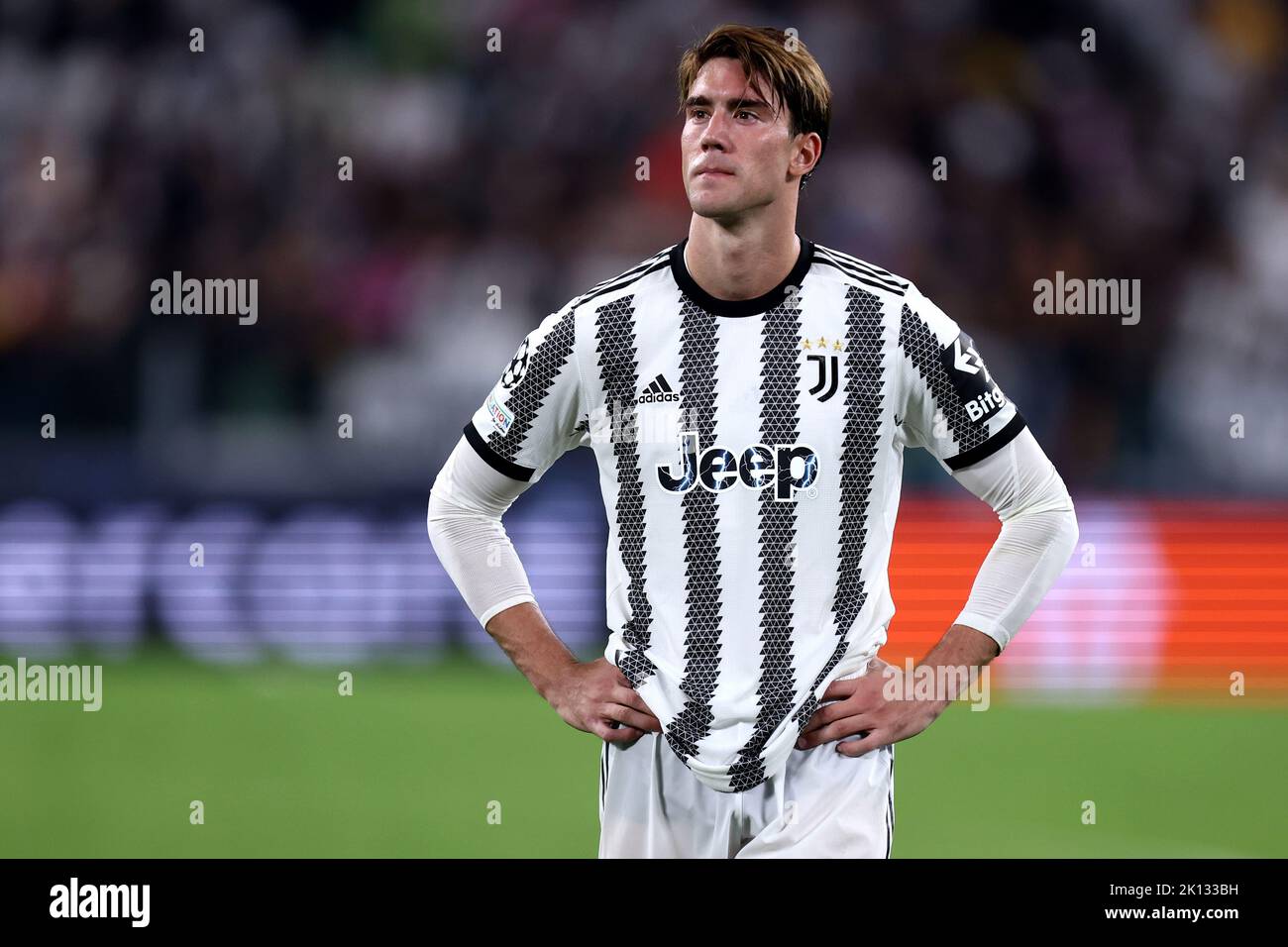 Dusan Vlahovic vom FC Juventus sieht beim UEFA Champions League-Spiel der Gruppe H zwischen dem FC Juventus und SL Benfica am 14. September 2022 im Allianz-Stadion in Turin, Italien, niedergeschlagen aus. Stockfoto