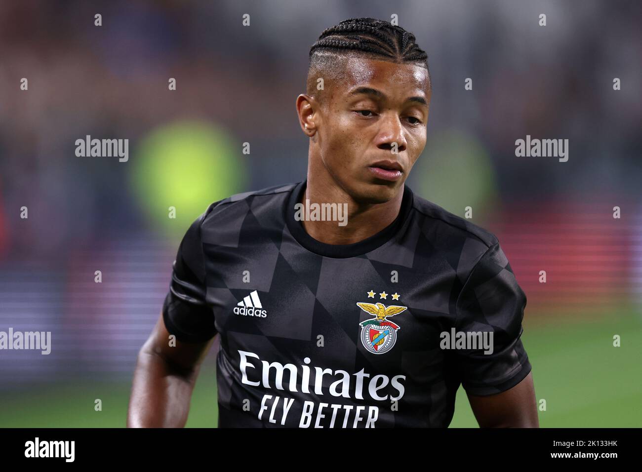 David Neres von SL Benfica beim Aufwärmen vor dem UEFA Champions League-Spiel der Gruppe H zwischen Juventus FC und SL Benfica am 14. September 2022 im Allianz Stadium in Turin, Italien. Stockfoto