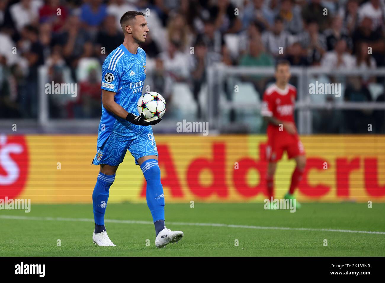 Odysseas Vlachodimos von SL Benfica im Einsatz während des UEFA Champions League-Spiel der Gruppe H zwischen Juventus FC und SL Benfica am 14. September 2022 in Turin, Italien. Stockfoto